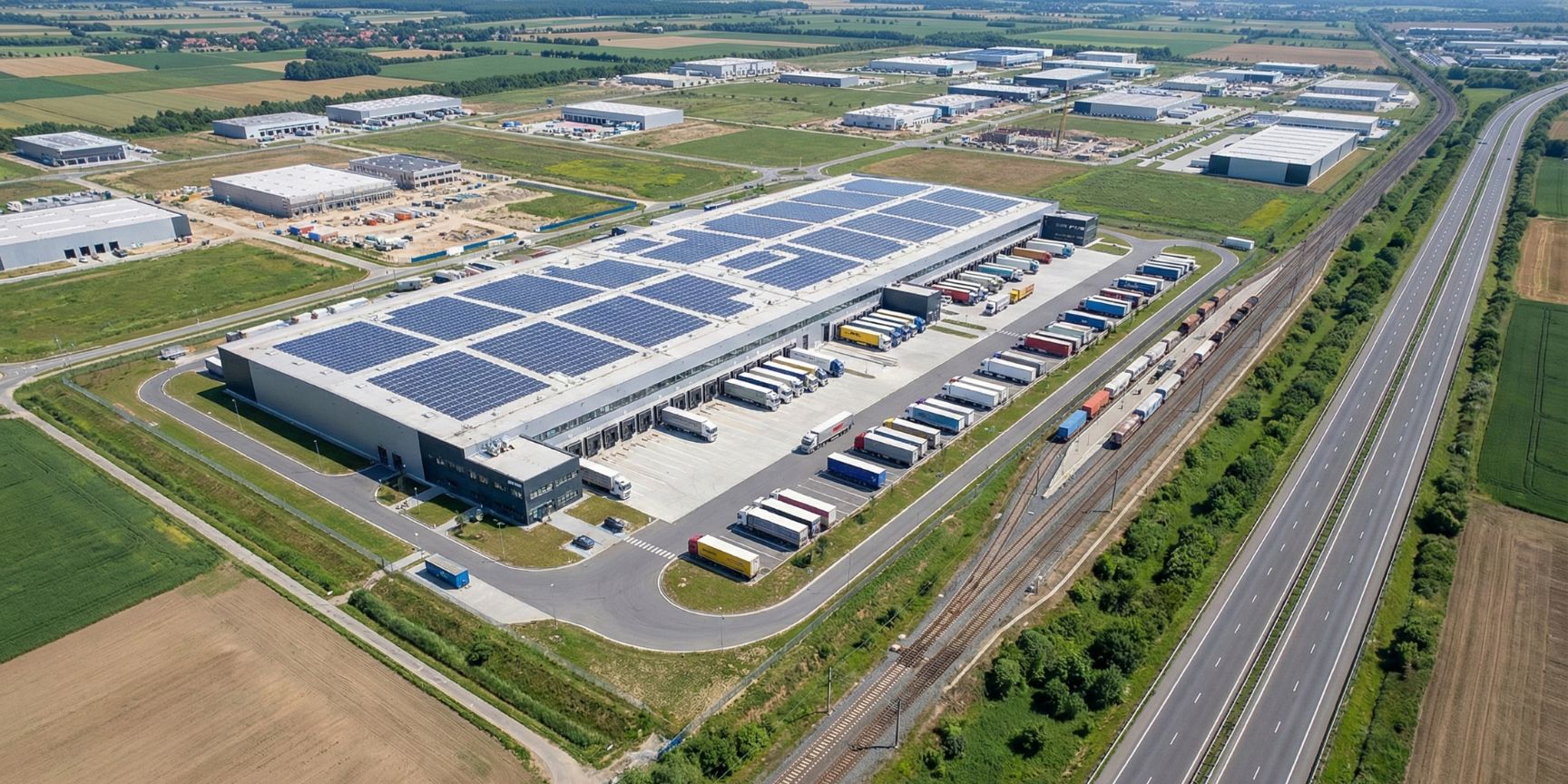 Luftaufnahme einer modernen, großflächigen Logistikimmobilie in einem ausgedehnten Industrie- und Gewerbepark. Das Hauptgebäude verfügt über ein Dach voller Solarmodule und zahlreiche Laderampen, an denen mehrere LKWs und Sattelzüge stehen oder rangieren. Die Anlage ist direkt an eine mehrspurige Autobahn und eine Eisenbahnstrecke mit einem Güterzug angebunden. Im Hintergrund sind weitere Logistikgebäude und Baustellen sichtbar, umgeben von landwirtschaftlichen Flächen. Das Bild verdeutlicht die erfolgreiche Umsetzung einer Logistikansiedlung in einem dafür ausgewiesenen Gebiet, inklusive multimodaler Verkehrsanbindung und nachhaltiger Energieerzeugung
